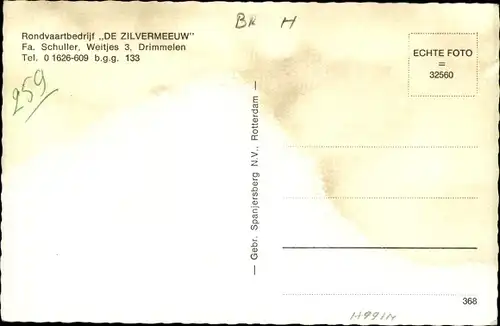 Ak Drimmelen Nordbrabant Niederlande, Rondvaartboot Zilvermeeuw in de Biesbosch