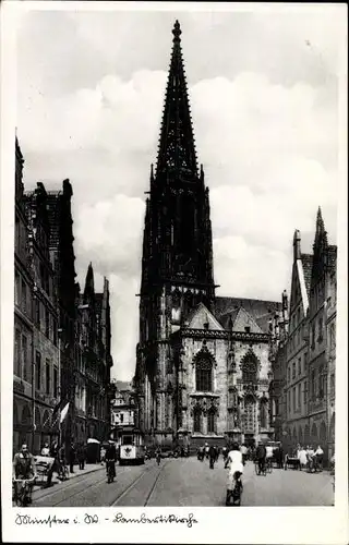 Ak Münster in Westfalen, Lambertikirche, Straßenbahn