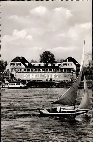 Ak Düsseldorf am Rhein, Schnellenburg, Segelboot, Rheinpartie