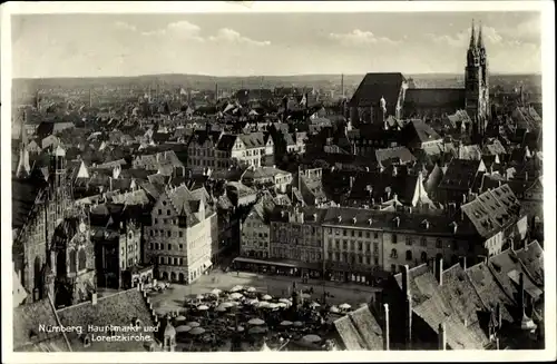 Ak Nürnberg in Mittelfranken, Hauptmarkt und Lorenzkirche
