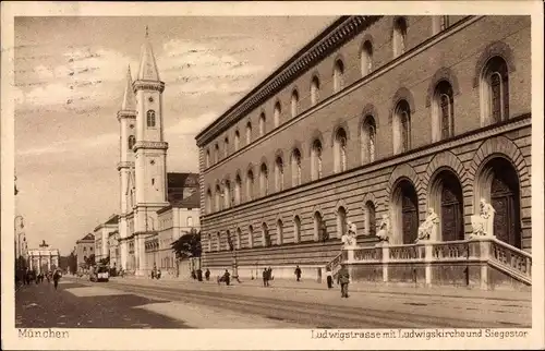 Ak München, Ludwigstraße mit Ludwigskirche und Siegestor