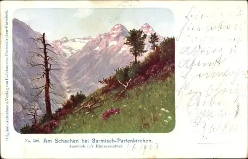 Ak Garmisch Partenkirchen in Oberbayern, Schachen, Ausblick ins Hinterrainthal