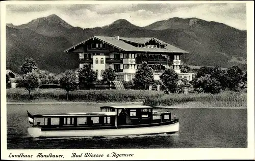 Ak Bad Wiessee in Oberbayern, Landhaus Hanslbauer, Boot, Bergkette