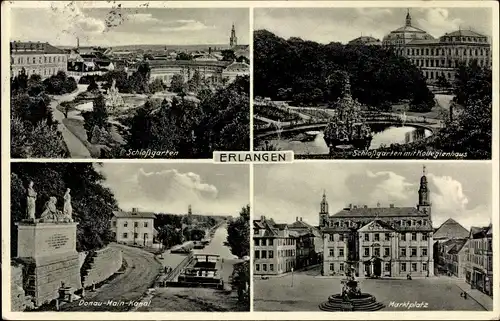 Ak Erlangen in Mittelfranken Bayern, Schlossgarten, Donau-Main-Kanal, Marktplatz, Kollegienhaus