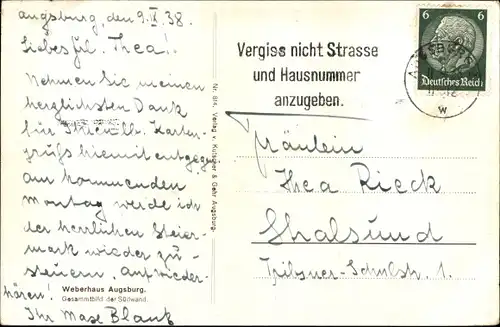 Ak Augsburg in Schwaben, Weberhaus, Gesamtbild der Südwand