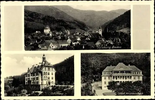 Ak Sulzburg in Baden Schwarzwald, Panorama, Schulhaus, Städt. Krankenhaus