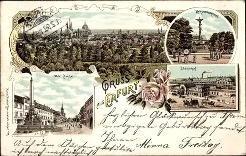 Litho Erfurt in Thüringen, Panorama, Kriegerdenkmal, Bahnhof, Der Anger