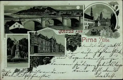 Mondschein Litho Pirna an der Elbe, Gesamtansicht, Marktplatz, Kaiserl. Postamt, Kriegerdenkmal