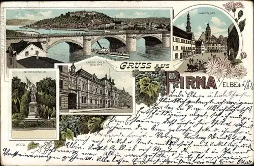 Litho Pirna in Sachsen, Gesamtansicht, Brücke, Kriegerdenkmal, Postamt, Marktplatz