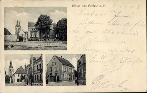 Ak Frohse Schönebeck an der Elbe, Teilansichten, Kirche, Geschäftshaus