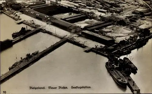 Ak Helgoland, Neuer Hafen, Seeflugstation, Fliegeraufnahme