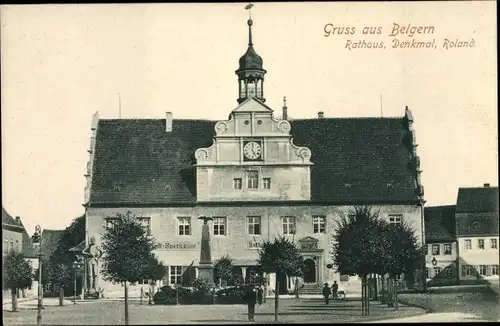 Ak Puschwitz Belgern Schildau, Rathaus, Denkmal, Roland