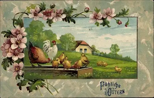 Präge Ak Glückwunsch Ostern, Henne mit Familie, Küke, Hahn