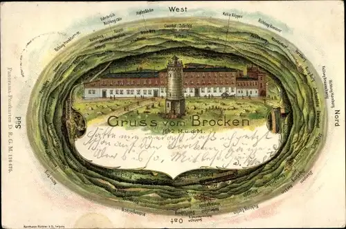 Litho Brocken Nationalpark Harz, Brockenhaus, Turm, Umgebung Panorama, Clausthal, Teufelskanzel
