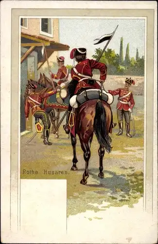 Litho Rote Husaren, deutsche Soldaten, Kavallerie, Lanzen, Pferde, Kaiserreich