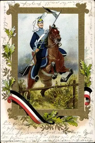 Präge Passepartout Gold Litho Ulane, deutscher Soldat, Kavallerie, Lanze, Pferd, Kaiserreich