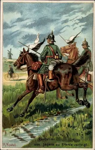 Künstler Litho Knötel, R., Radfahrer von Jägern zu Pferde verfolgt, Kaiserreich
