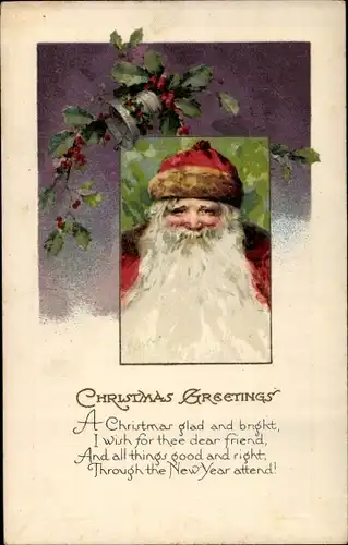 Präge Litho Weihnachtsmann, Mistelzweige, Glocken