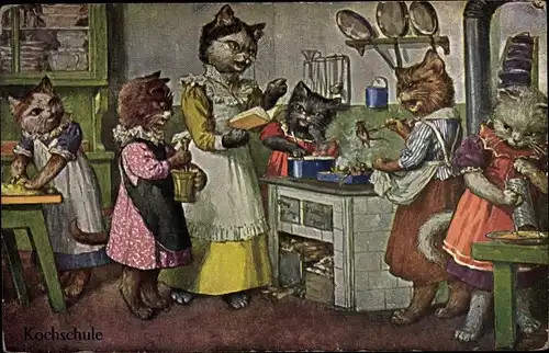 Künstler Ak Kochschule, Katzen kochen am Herd, Stroefer 2031