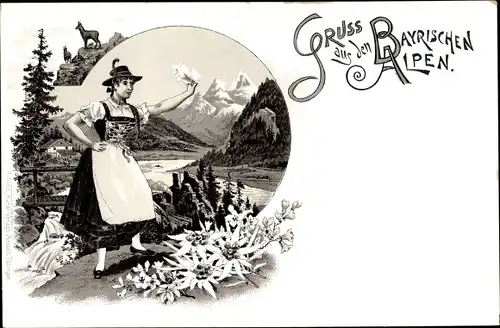 Litho Bayern, Frau in typischer Tracht, Alpen