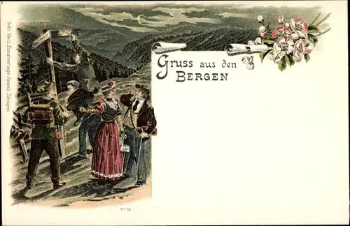 Mondschein Litho Bayern, Typische Tracht, Alpen