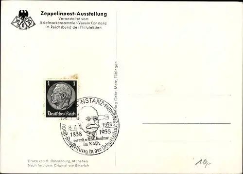 Künstler Ak Konstanz Bodensee, Zeppelinpost Ausstellung Juli 1938