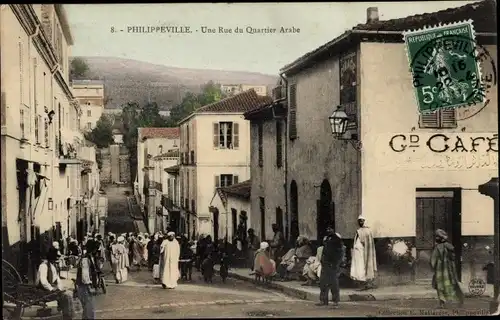 Ak Philippeville Skikda Algerien, Une Rue du Quartier Arabe, Cafe, Maghreb