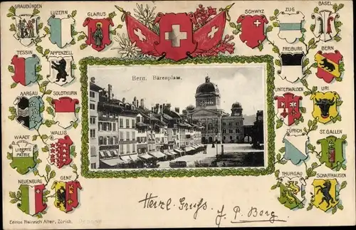 Präge Wappen Ak Bern Stadt Schweiz, Bärenplatz, Kantonalwappen