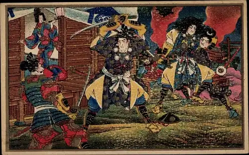 Künstler Ak Japan, Japaner in Volkstrachten, Kampfszene