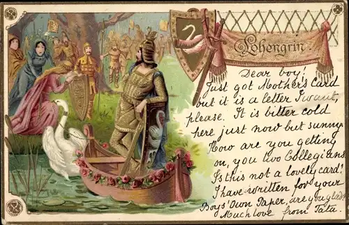 Präge Litho Lohengrin, Ritter im Schwanenboot, Opernszene, Richard Wagner