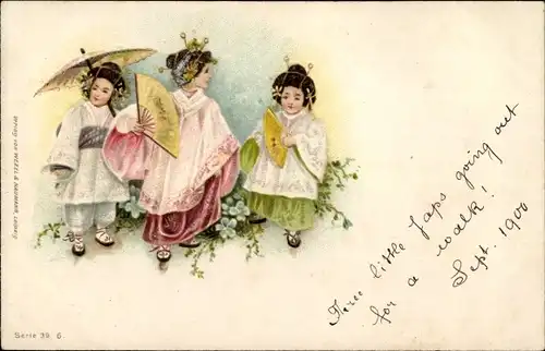 Litho Drei Asiatinnen in Kimonos, Sonnenschirm, Fächer, Japan