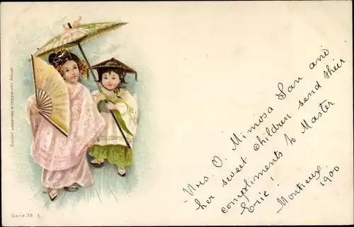 Litho Asiatinnen in Kimonos, Sonnenschirm, Fächer, Japan