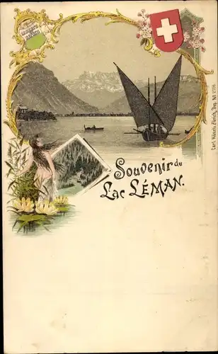 Wappen Litho Souvenir du Lac Leman, Genfer See, Segelboot