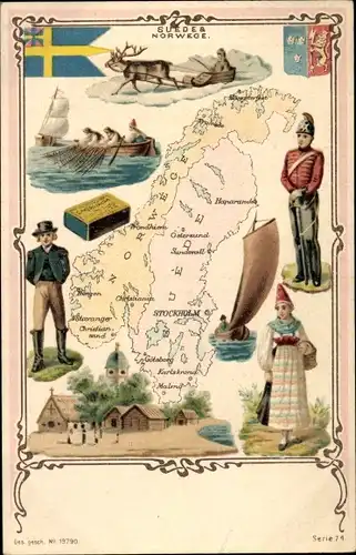 Landkarten Wappen Litho Norwegen, Schweden, Rentierschlitten, Trachten, Fischer