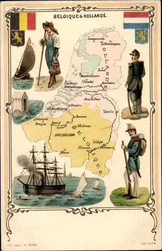 Wappen Landkarten Litho Belgien und Holland, Trachten, Boote, Badewagen