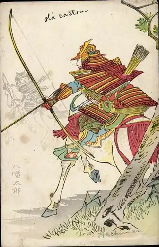 Künstler Ak Japan, Japanischer Reiter mit Pfeil und Bogen