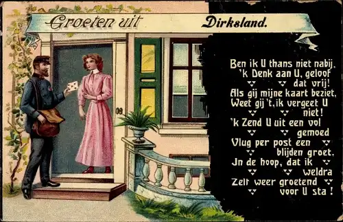 Ak Dirksland Südholland, Postbote übergibt Brief an Frau im Haus