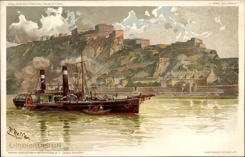 Künstler Litho Reiss, Fr., Ehrenbreitstein Koblenz am Rhein, Ort, Salondampfer, Burg