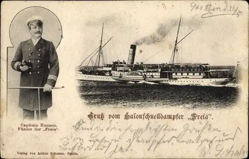 Ak Salonschnelldampfer Freia, Raddampfer, Seebäderdampfer, Capitain Hansen