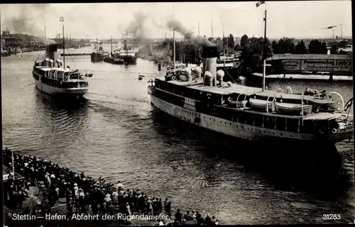 Ak Szczecin Stettin Pommern, Hafen, Abfahrt der Rügendampfer, Seebäderschiff Hertha