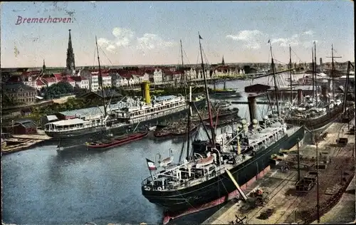 Ak Bremerhaven, Dampfer im Hafen, Schiffe