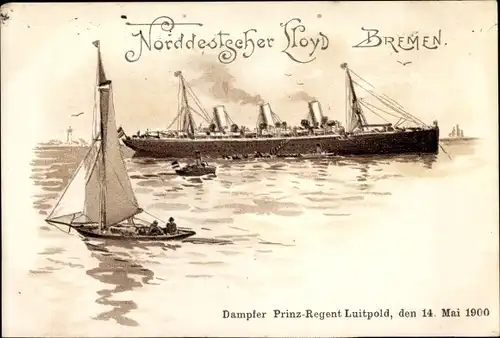 Ak Dampfer Prinzregent Luitpold, Reichspostdampfer, Norddeutscher Lloyd Bremen, 14. Mai 1900