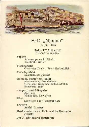 Ak Post Dampfer Njassa, DOAL, Woermann Linie, Speisekarte 4. Juli 1935, Hauptmahlzeit nach Wahl