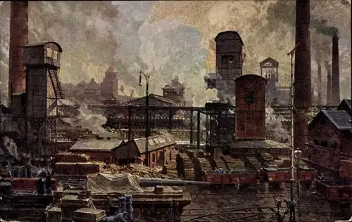 Künstler Ak Essen im Ruhrgebiet, Friedrich Krupp AG, Gußstahlfabrik, Zeche Sälzer und Neuack