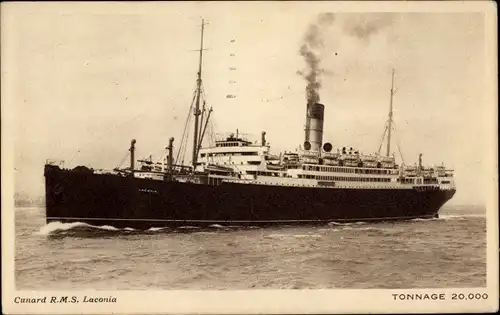 Ak Cunard Line, R.M.S. Laconia, Dampfschiff, Ansicht Backbord