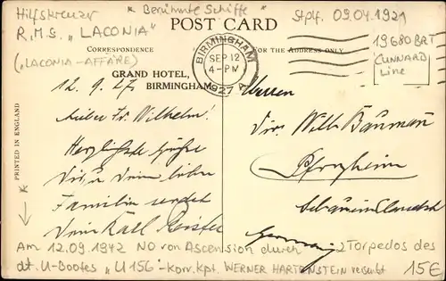 Ak Cunard Line, R.M.S. Laconia, Dampfschiff, Ansicht Backbord