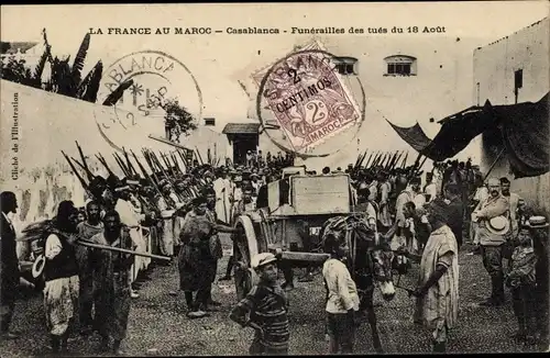Ak Casablanca Marokko, Funerailles des tués du 18 Aout, Begräbnis der Getöteten vom 18. August