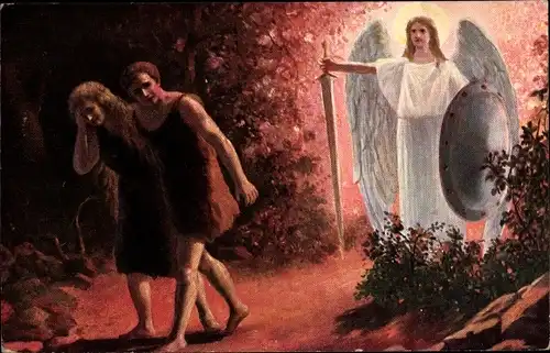 Künstler Ak Engel mit Schwert und Schild, Paar in Lumpen