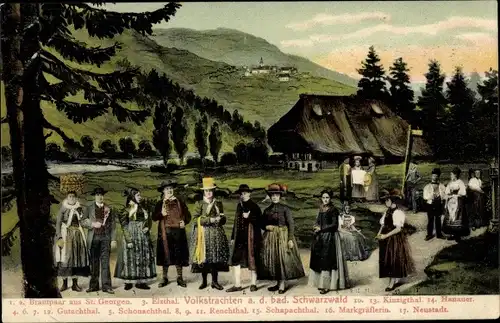 Ak Volkstrachten aus dem badischen Schwarzwald, Kinzigtal, Hanau, Gutachtal, St. Georgen