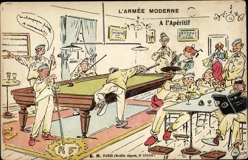 Künstler Ak L'Armee Moderne, a l'Aperitif, französische Soldaten, Soldatenleben, Billard
